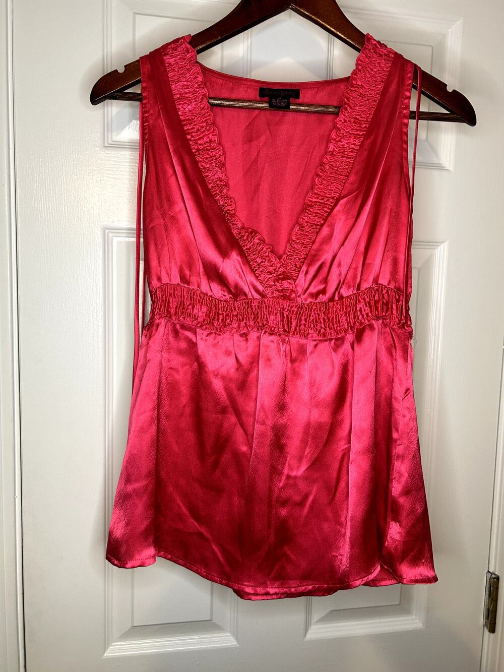 Womens M Pink Satin Babydoll Top Tie Shoulder Ruffle V Neck Y2K Cami